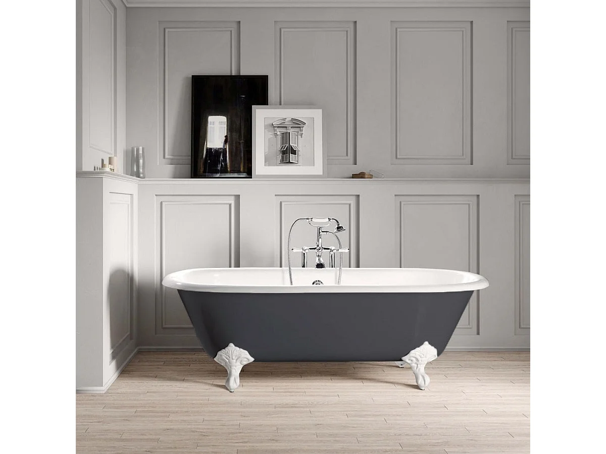 Baignoire sur pieds en fonte PLYMOUTH Grise 153 cm Pieds blancs