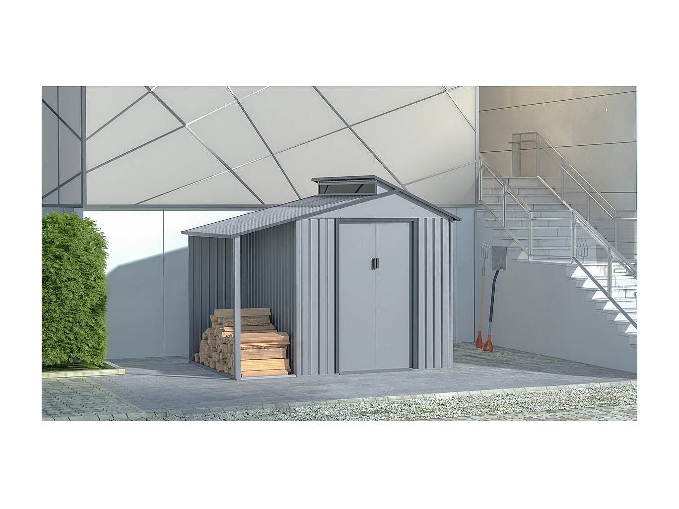 Caseta de metal con pergola "Madras" - 5.64 m² - Gris, Caseta de metal con pergola "Madras" - 5.64 m² - Gris