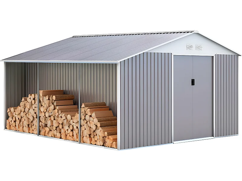 Abrigo de jardim em metal "Dallas" 15,16 m² com abrigo para lenha - Armazenamento externo robusto e prático para todas as ferramentas de jardinagem e lenha