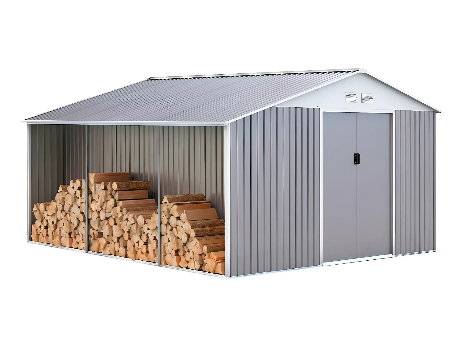 Abrigo de jardim em metal "Dallas" 15,16 m² com abrigo para lenha - Armazenamento externo robusto e prático para todas as ferramentas de jardinagem e lenha
