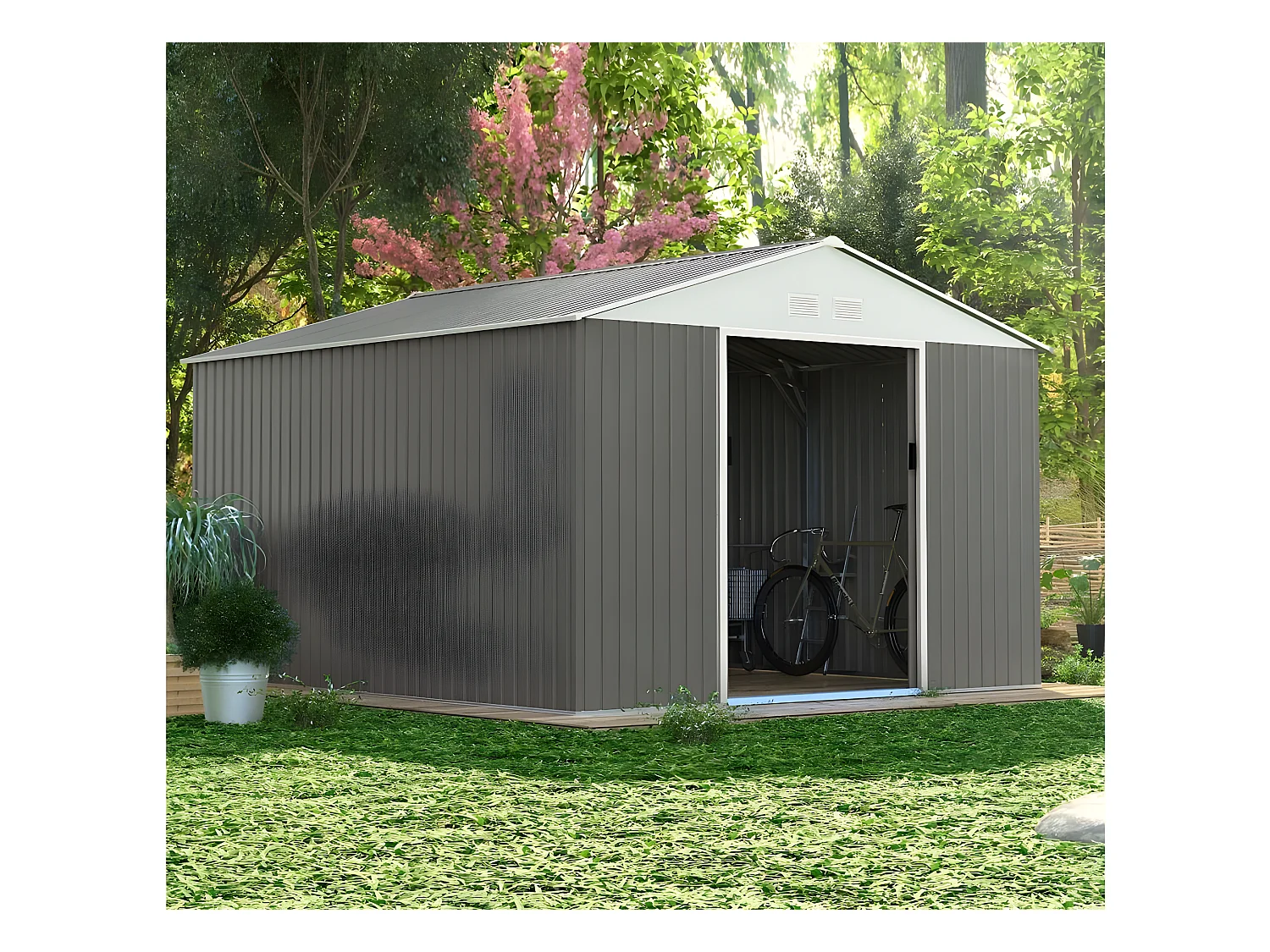 Abri de jardin métal "Dallas" 15,16 m² avec abri bûche - Taupe