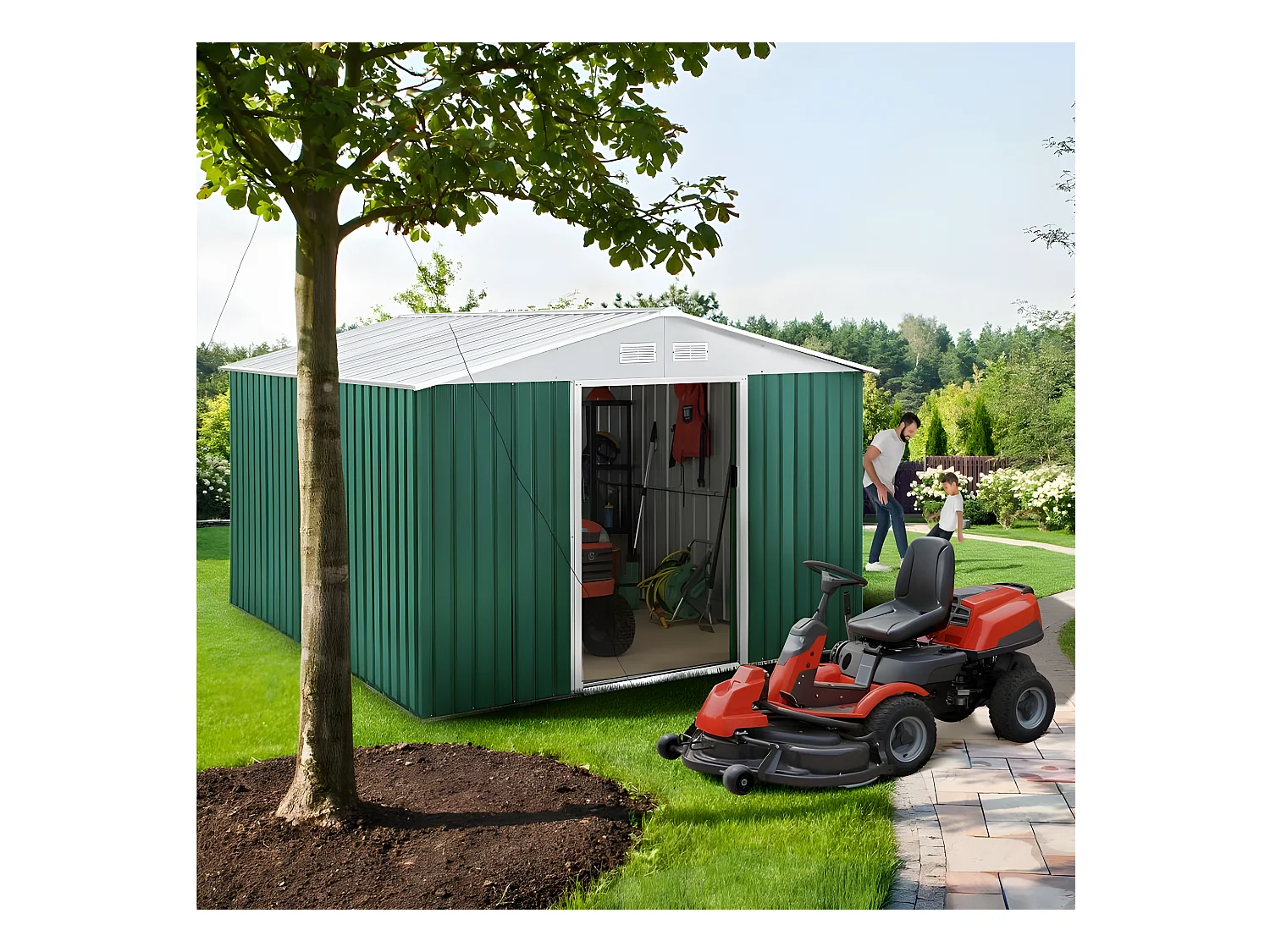 Abrigo de jardim em metal "Rosas" - 7,06 m² com porta de correr dupla e ventilação ideal