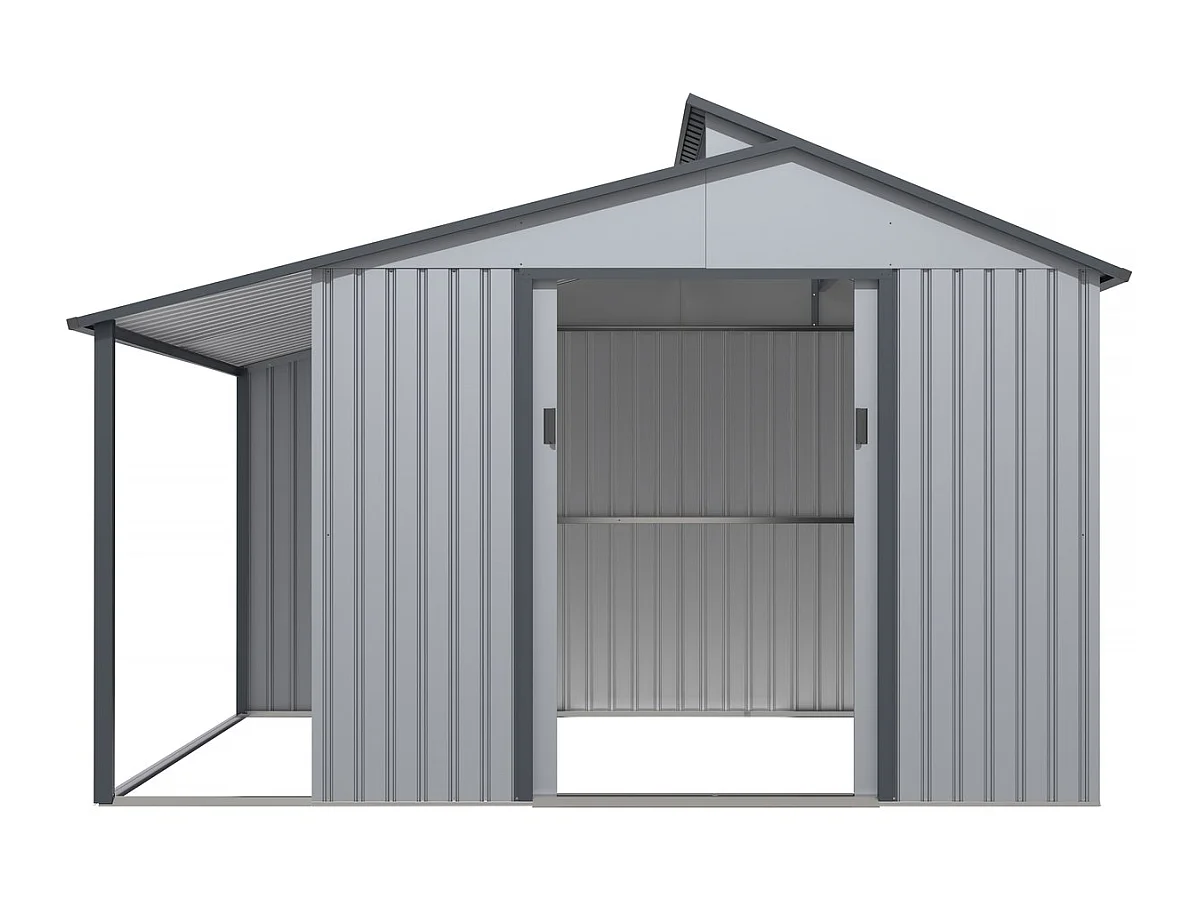 Gerätehaus aus Metall mit Unterstand "Madras" - 9,12 m² - 355 x 257 x 237 cm - Grau