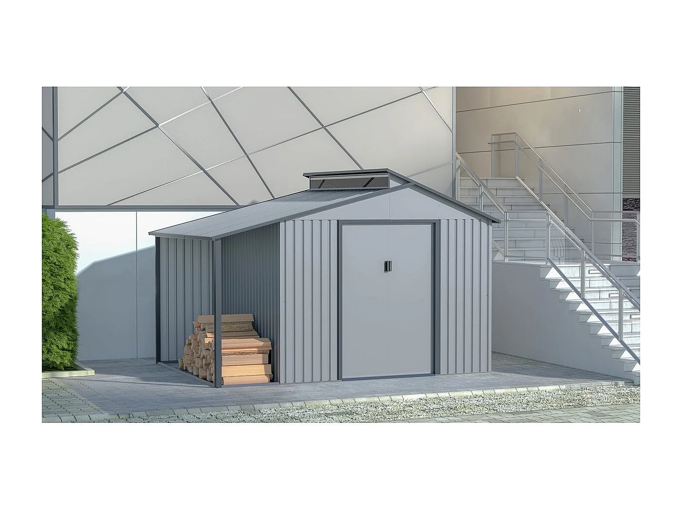 Abri de jardin métal avec pergola "Madras" - 9.12 m² - 257 x 355 x 237 cm - Gris