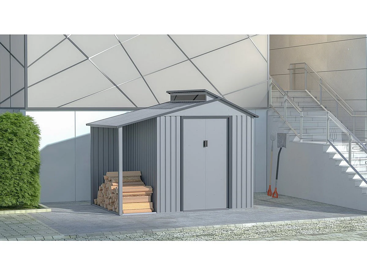 Gerätehaus aus Metall mit Unterstand "Madras" - 9,12 m² - 355 x 257 x 237 cm - Grau