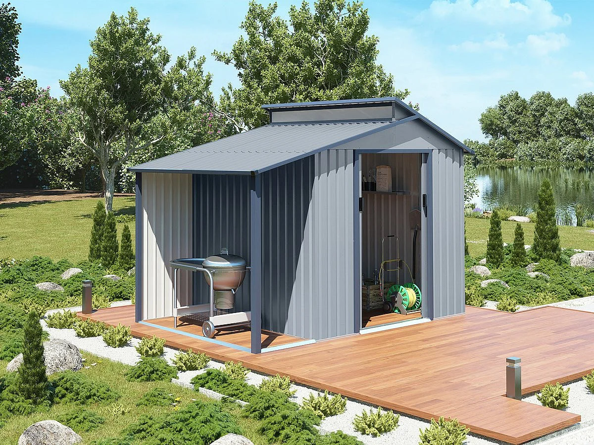 Gerätehaus aus Metall mit Unterstand "Madras" - 9,12 m² - 355 x 257 x 237 cm - Grau