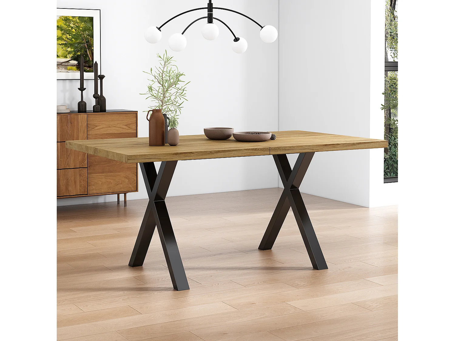 Rectangular dining table - wrought iron X-shaped legs - Natural