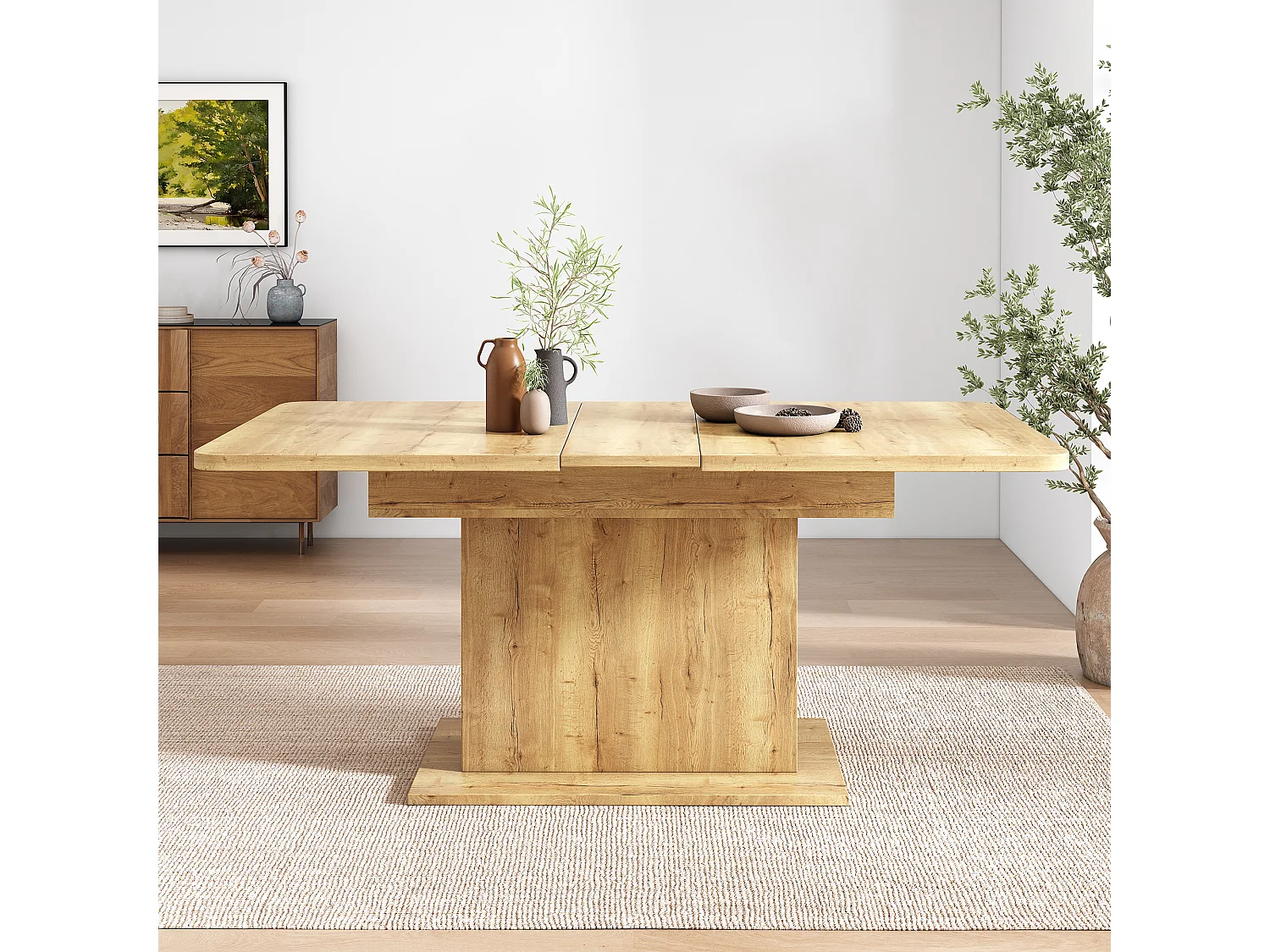 Modern extendable dining table with storage underneath - Natural