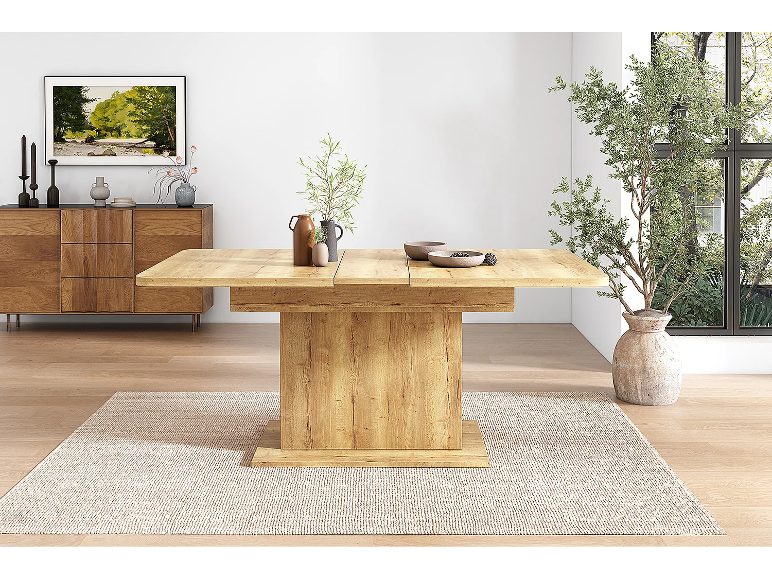 Modern extendable dining table with storage underneath - Natural