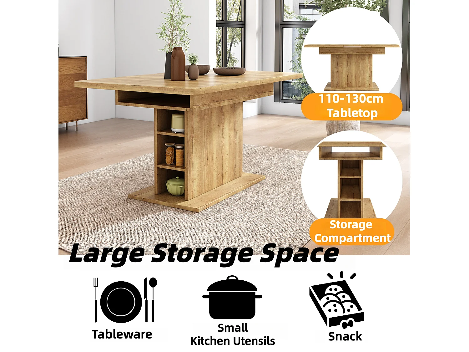 Modern extendable dining table with storage underneath - Natural