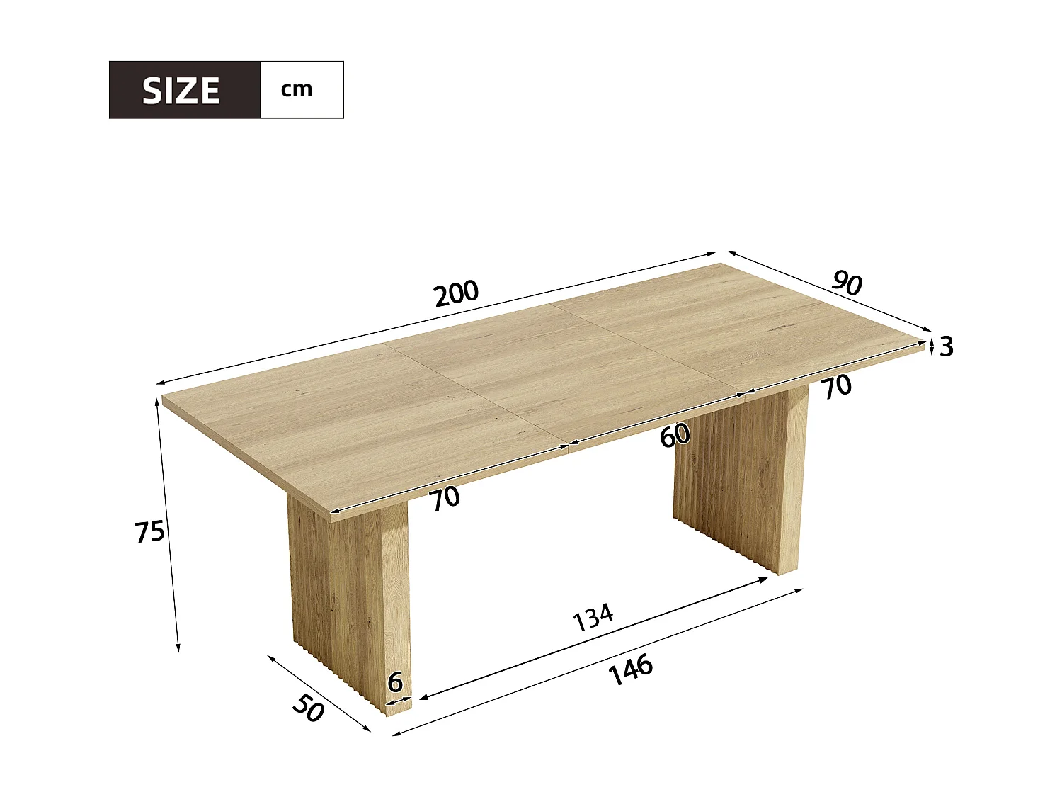Table à manger extensible 140/200x90x75cm - Pour 6 à 8 personnes - Plateau rectangulaire - Plateau épais - Placage chêne - Naturel