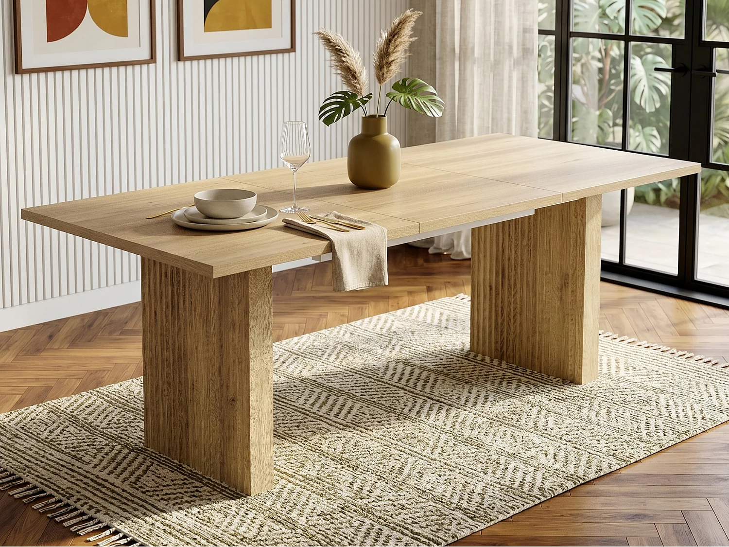 Table à manger extensible 140/200x90x75cm - Pour 6 à 8 personnes - Plateau rectangulaire - Plateau épais - Placage chêne - Naturel