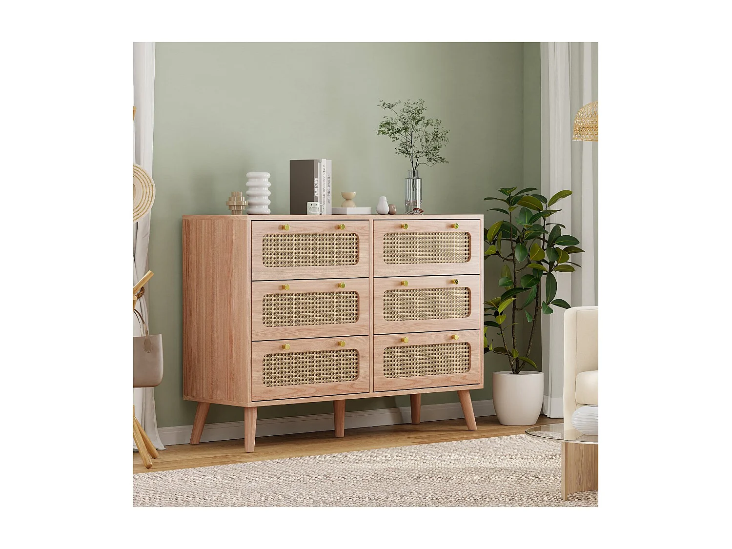 Commode haute 5 tiroirs bois cannage rotin, meuble rangement étroit scandinave chêne naturel pieds bois