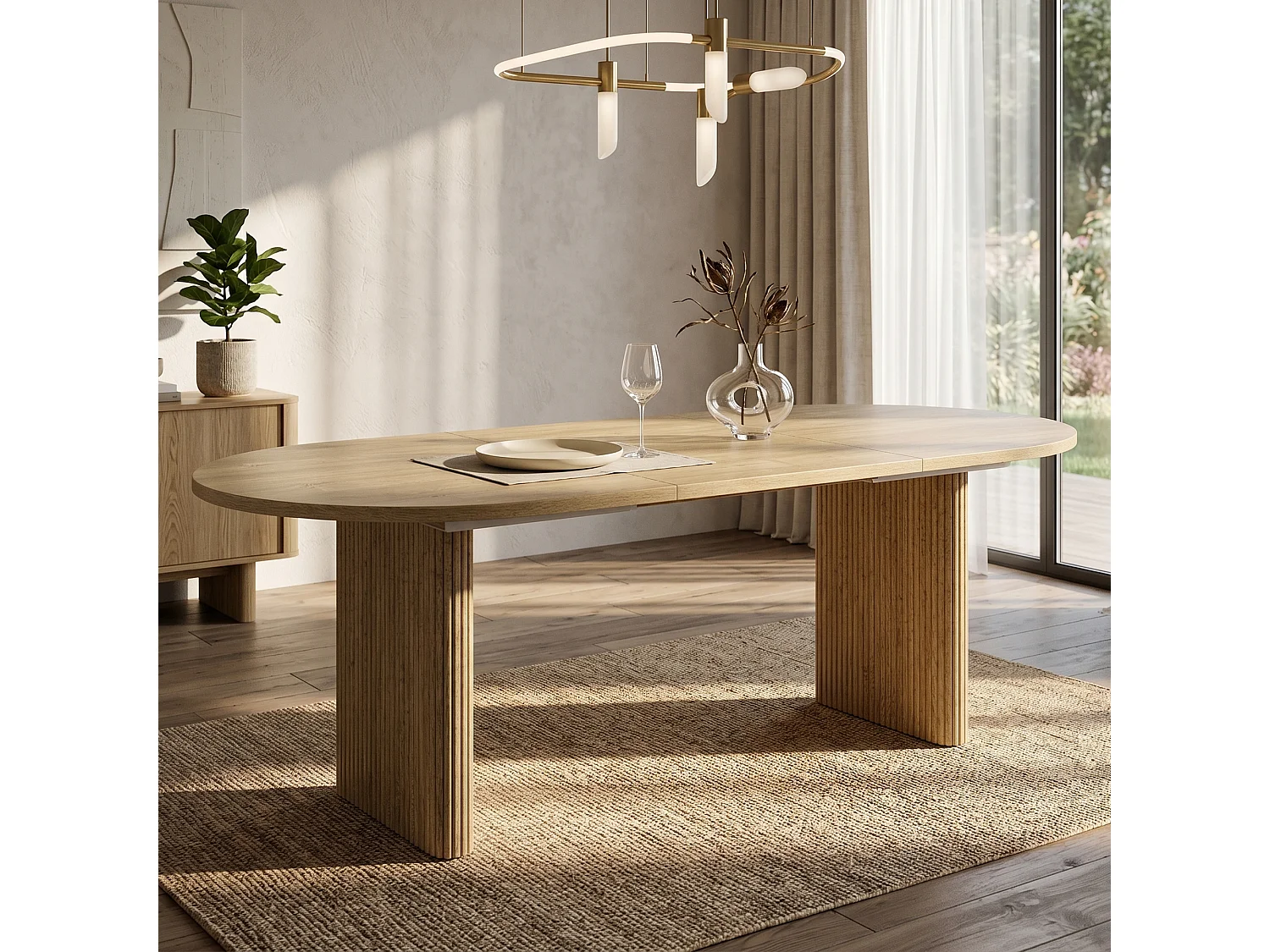 Table à manger extensible 140/200x90x75cm - Pour 6 à 8 personnes - Plateau rond épais - Placage chêne - Naturel