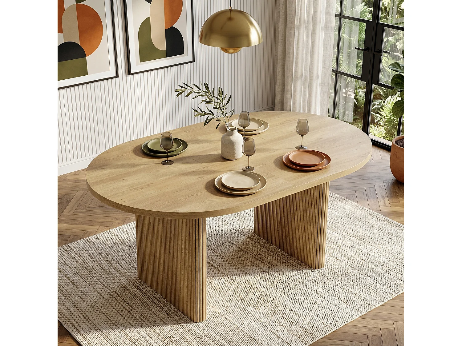 Table à manger extensible 140/200x90x75cm - Pour 6 à 8 personnes - Plateau rond épais - Placage chêne - Naturel