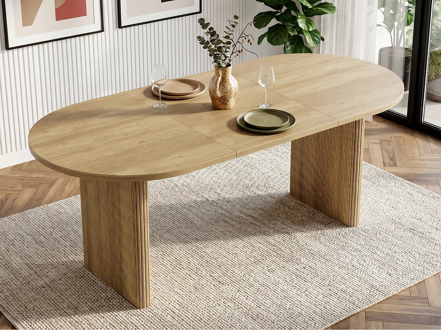 Table à manger extensible 140/200x90x75cm - Pour 6 à 8 personnes - Plateau rond épais - Placage chêne - Naturel