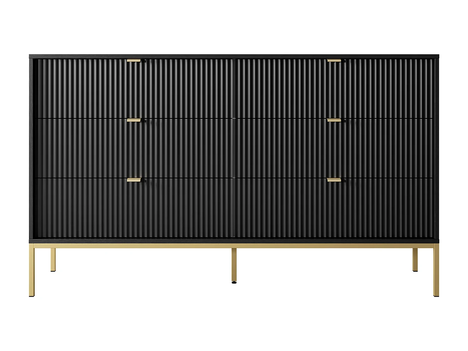 Kommode: 6 Schubladen, Schwarz, goldene Beine, 154 x 39 x 83 cm, goldene Griffe