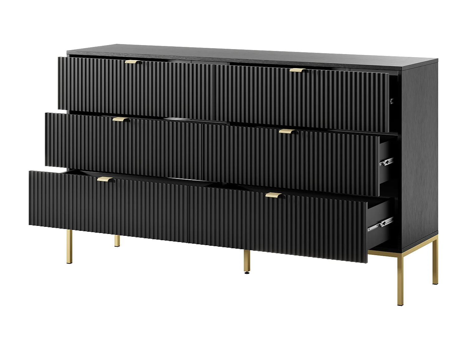 Kommode: 6 Schubladen, Schwarz, goldene Beine, 154 x 39 x 83 cm, goldene Griffe