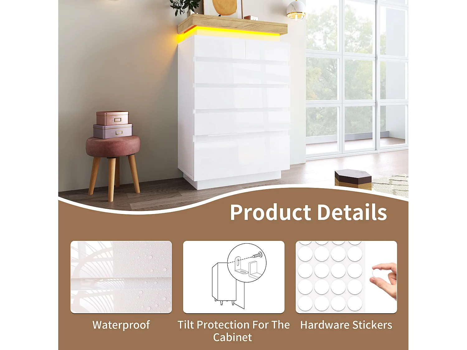 Chest of Drawers with LED Lighting - 6 Drawers - White