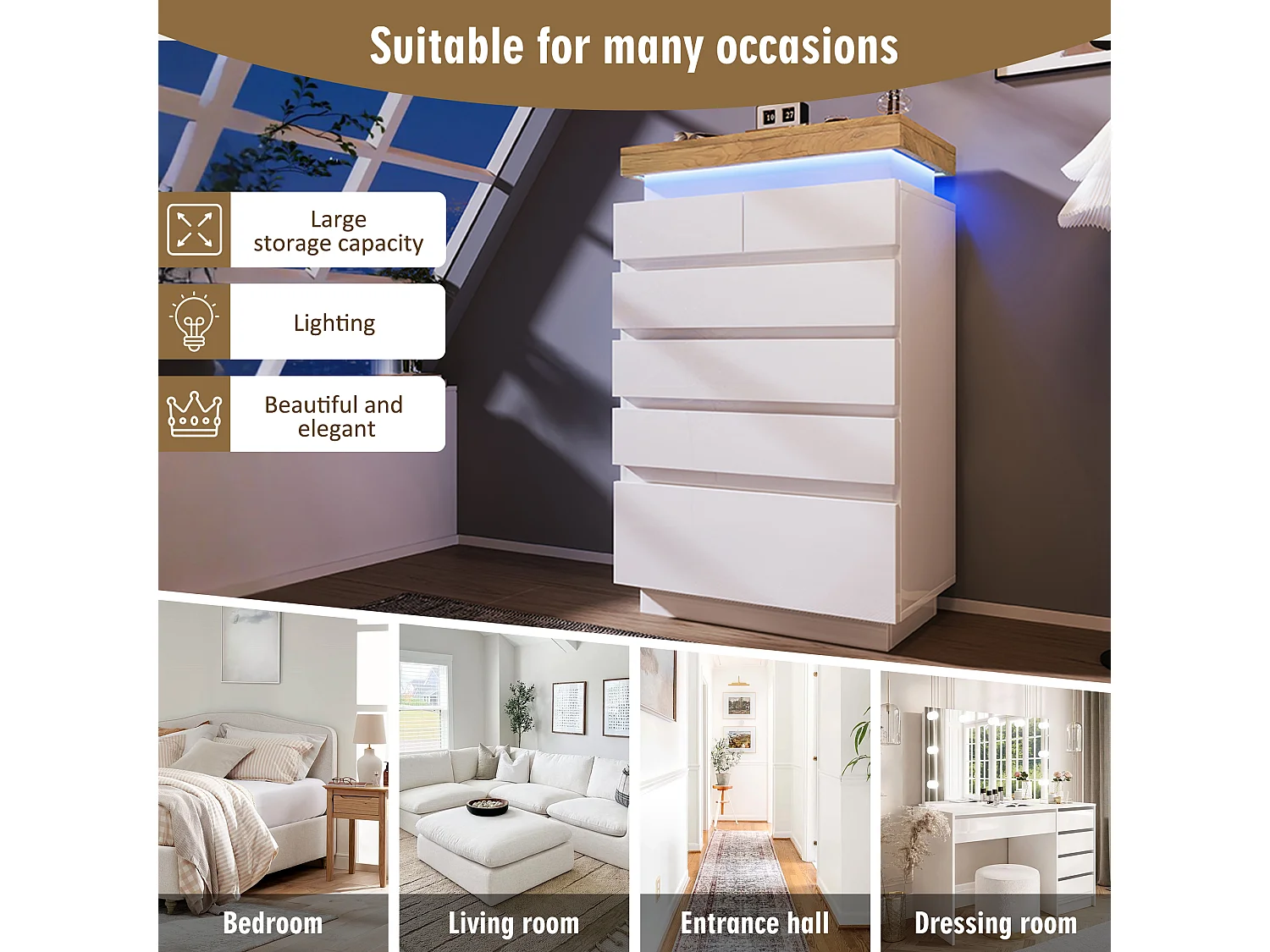 Chest of Drawers with LED Lighting - 6 Drawers - White
