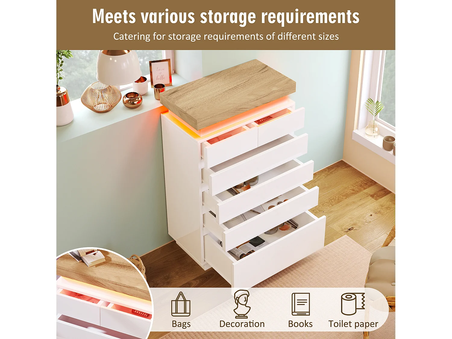 Chest of Drawers with LED Lighting - 6 Drawers - White
