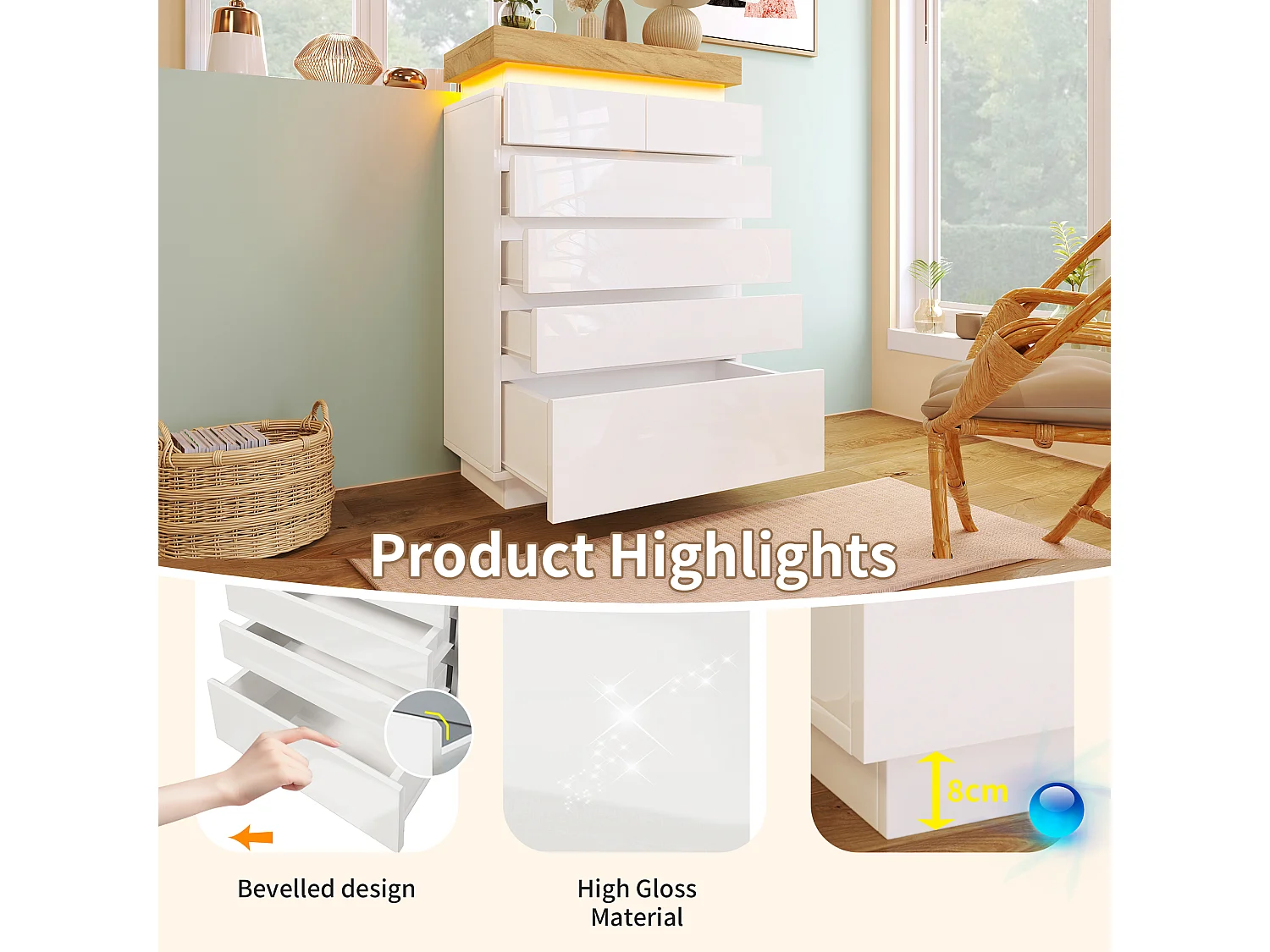 Chest of Drawers with LED Lighting - 6 Drawers - White
