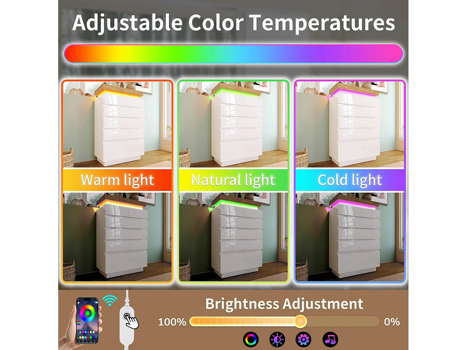 Chest of Drawers with LED Lighting - 6 Drawers - White