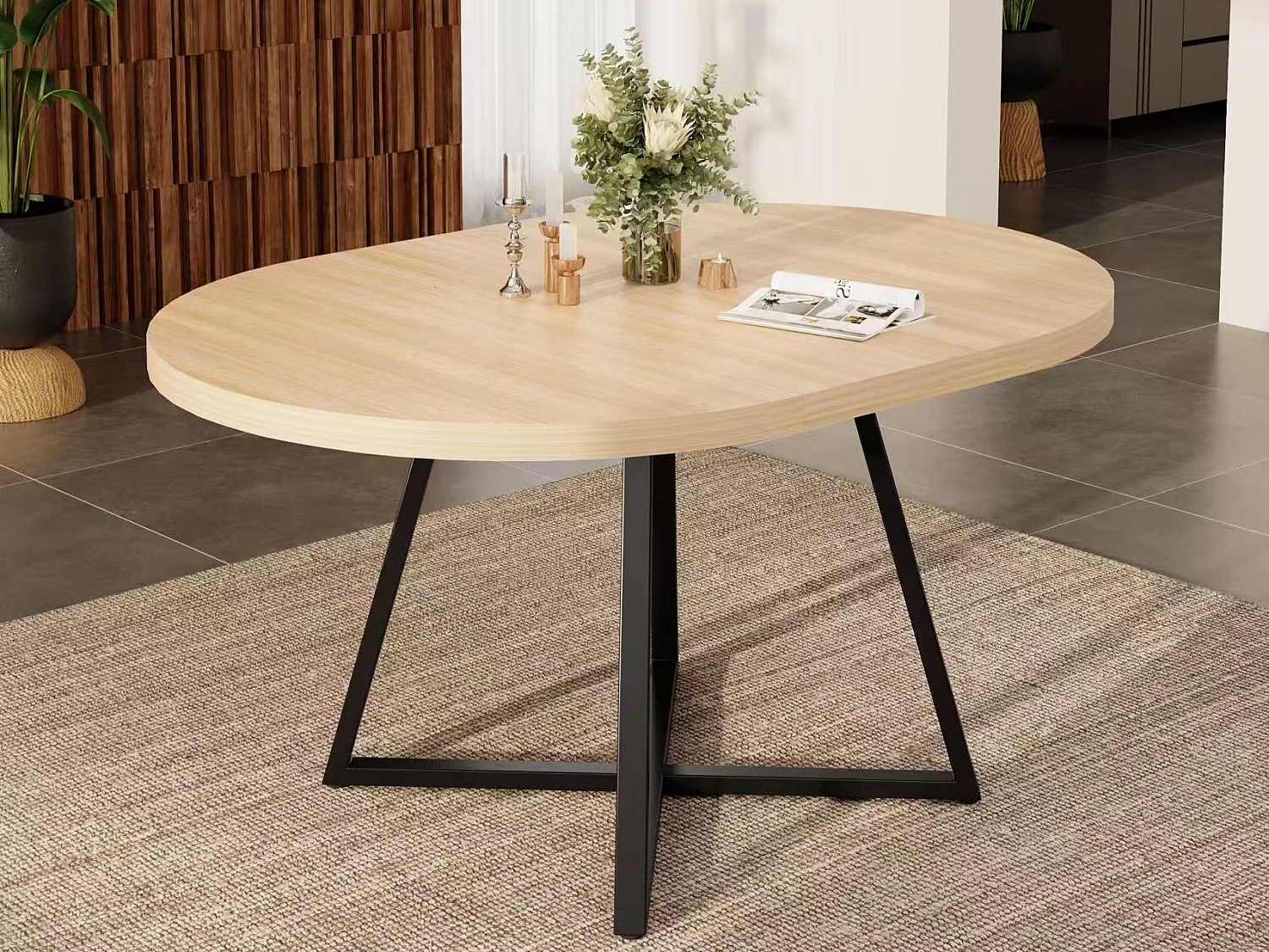 Table à manger ronde extensible 100/140x100 cm - Pour 4 à 6 personnes - Coins arrondis - Plateau épais - Placage chêne - couleur chêne