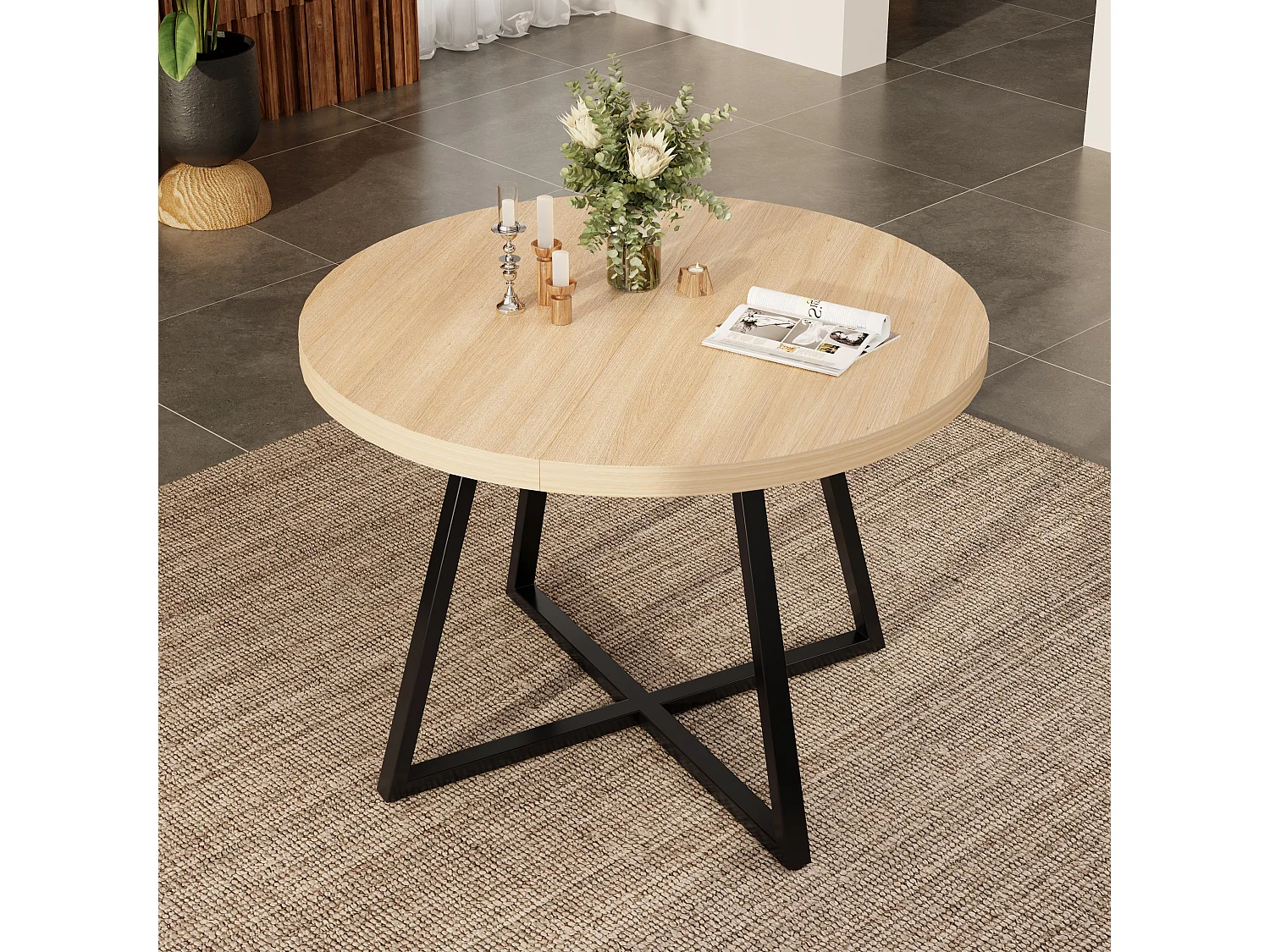 Table à manger ronde extensible 100/140x100 cm - Pour 4 à 6 personnes - Coins arrondis - Plateau épais - Placage chêne - couleur chêne