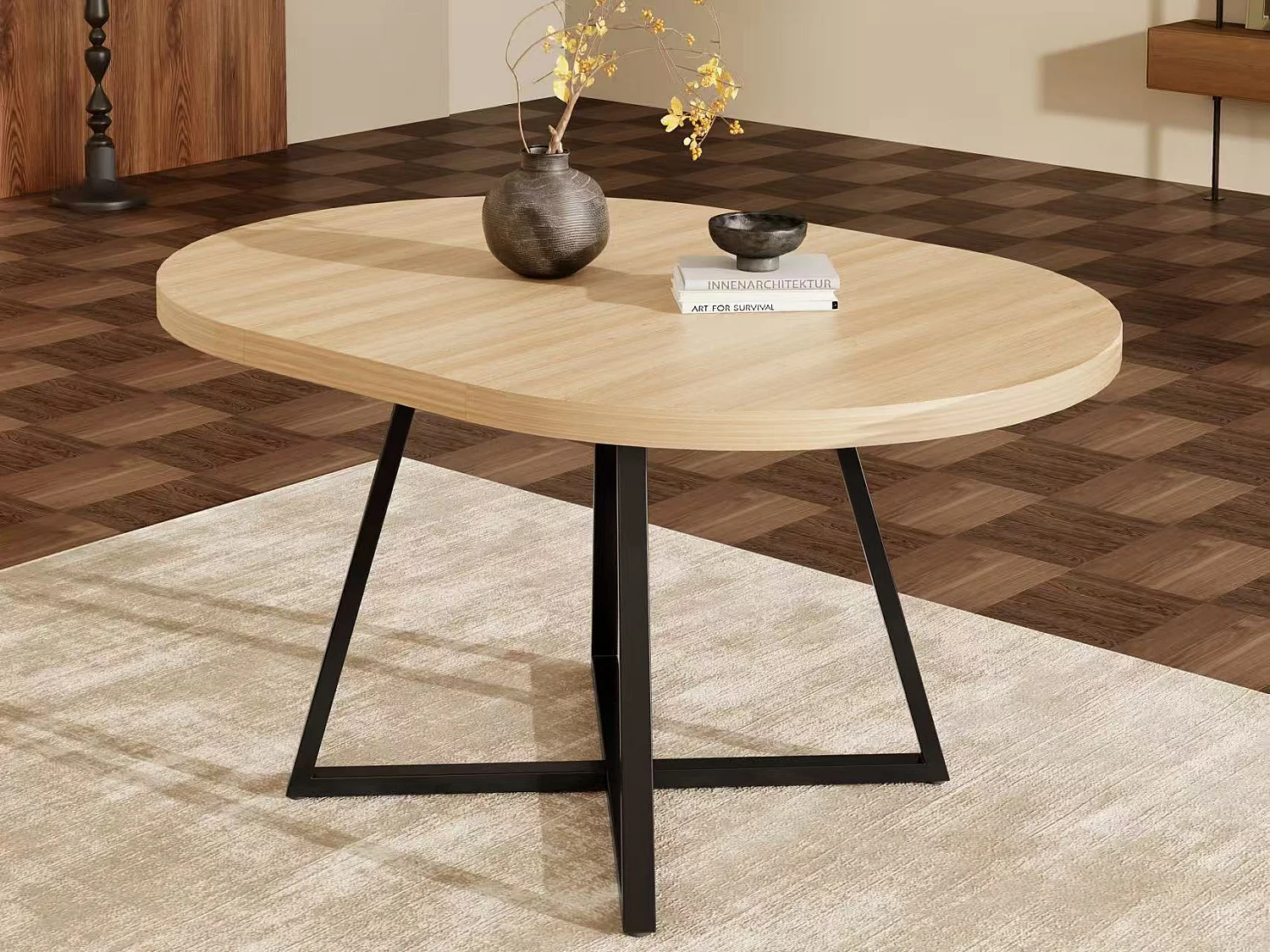 Table à manger ronde extensible 100/140x100 cm - Pour 4 à 6 personnes - Coins arrondis - Plateau épais - Placage chêne - couleur chêne