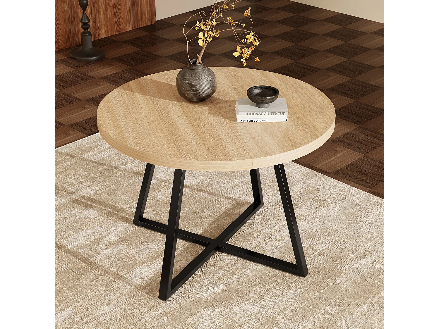Table à manger ronde extensible 100/140x100 cm - Pour 4 à 6 personnes - Coins arrondis - Plateau épais - Placage chêne - couleur chêne