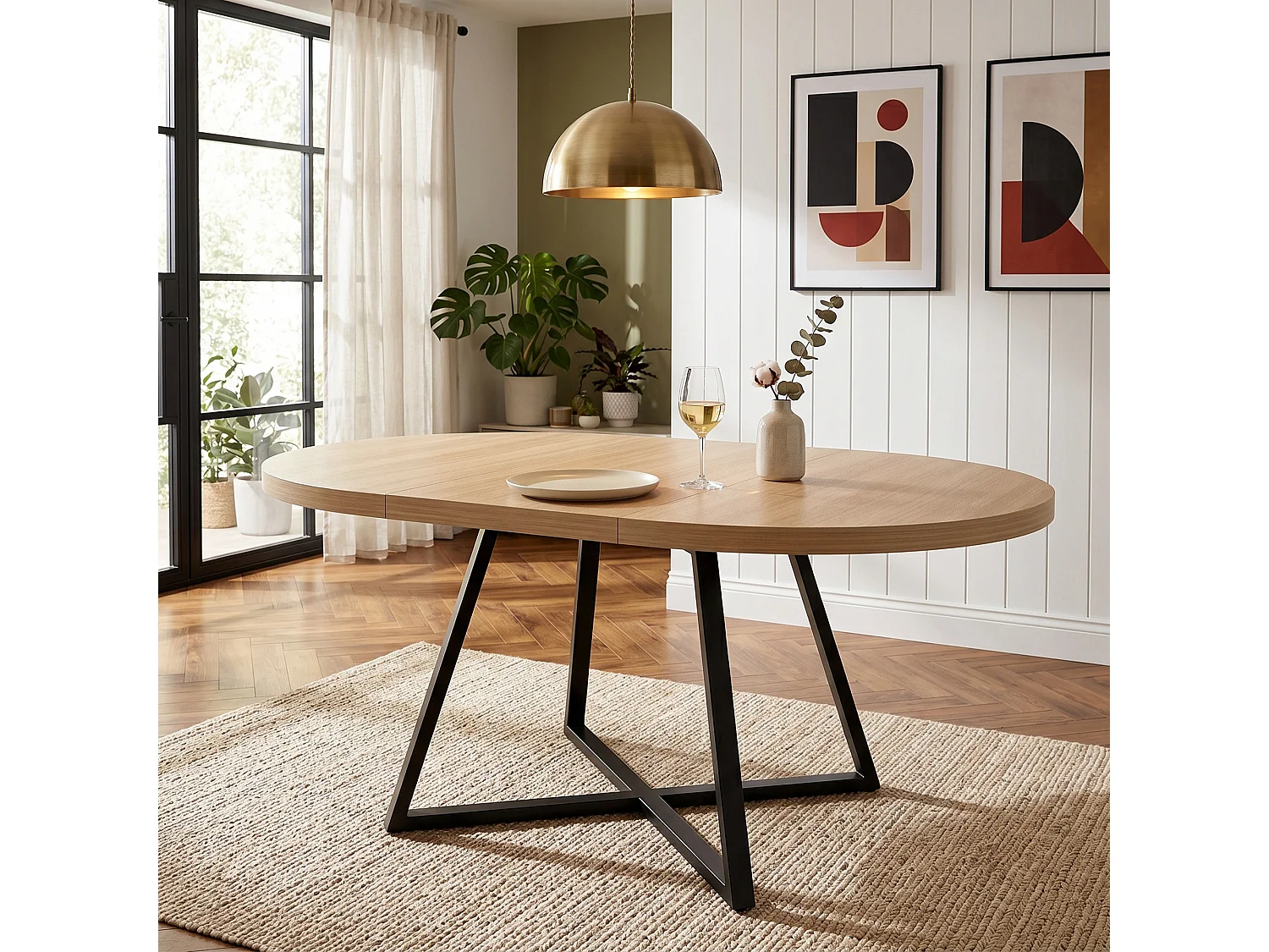 Table à manger ronde extensible 100/140x100 cm - Pour 4 à 6 personnes - Coins arrondis - Plateau épais - Placage chêne - couleur chêne