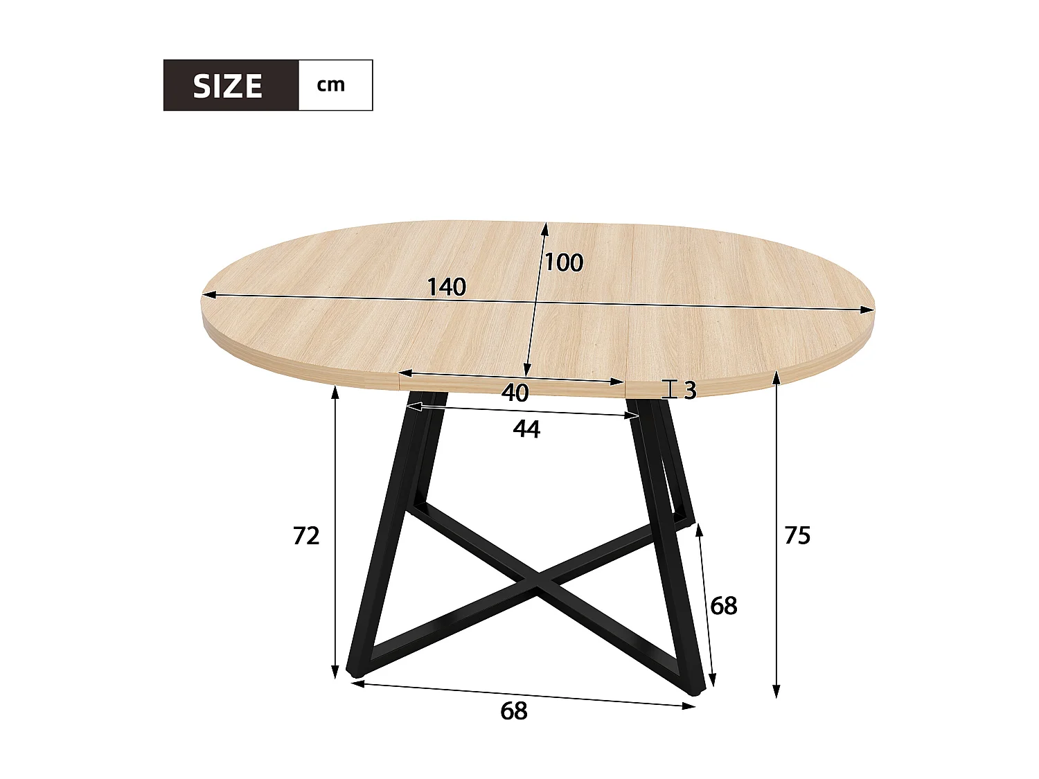 Table à manger ronde extensible 100/140x100 cm - Pour 4 à 6 personnes - Coins arrondis - Plateau épais - Placage chêne - couleur chêne
