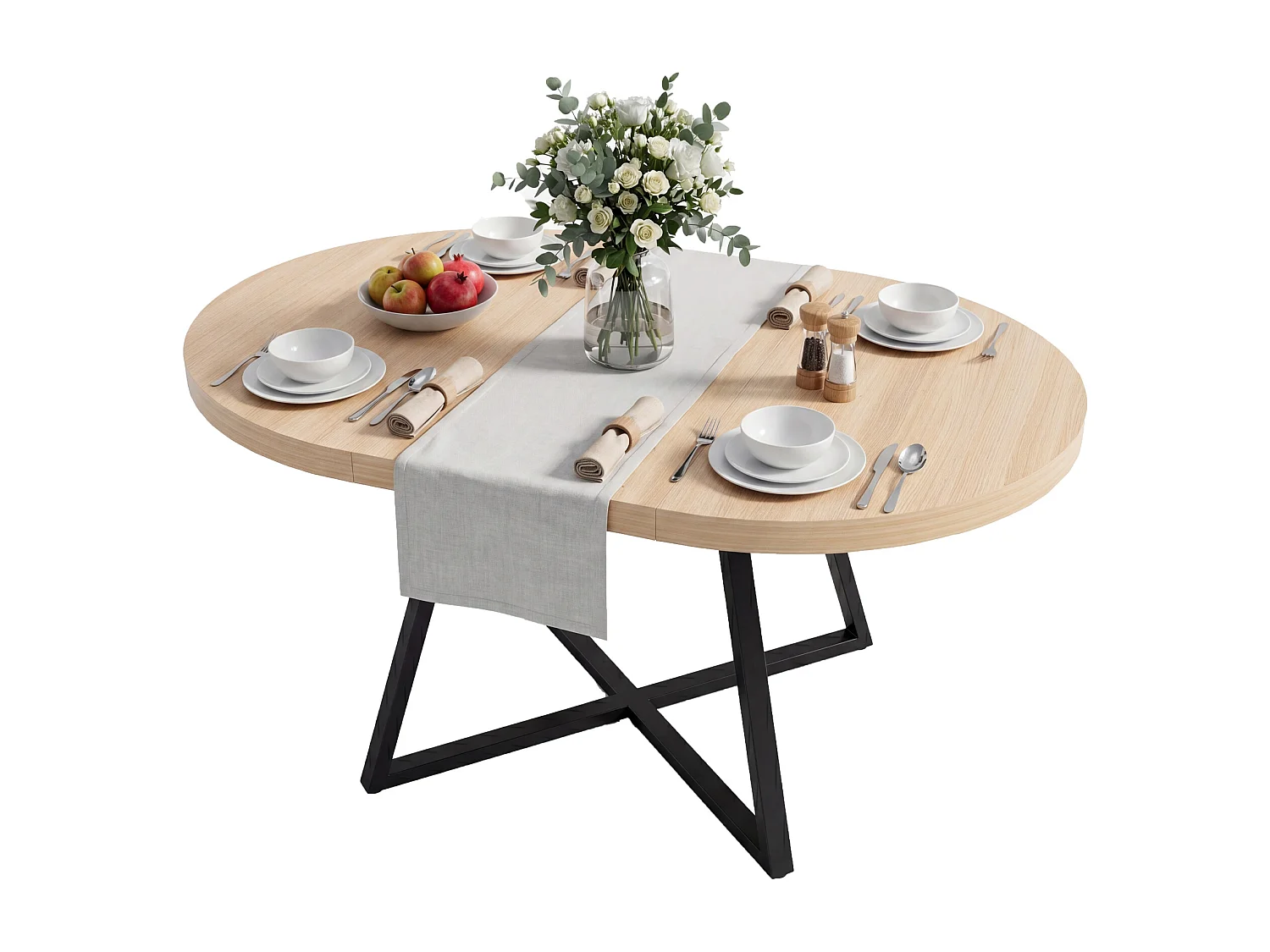 Table à manger ronde extensible 100/140x100 cm - Pour 4 à 6 personnes - Coins arrondis - Plateau épais - Placage chêne - couleur chêne