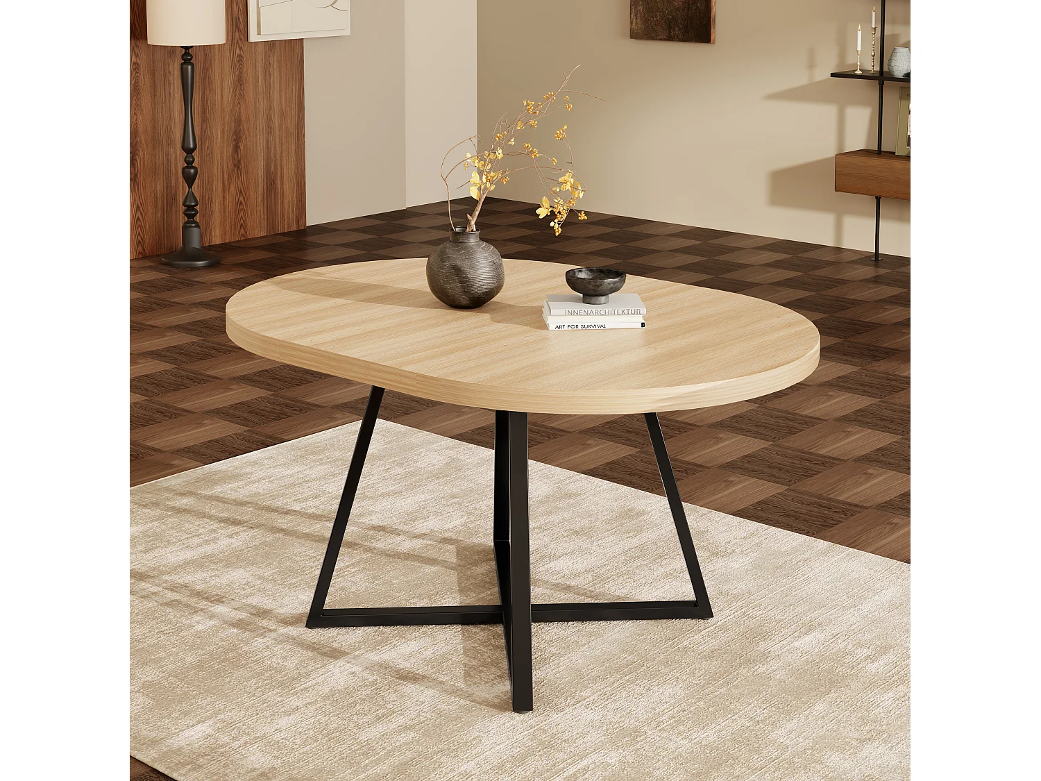 Mesa de jantar redonda extensível 100/140x100 cm - Para 4 a 6 pessoas - Cantos arredondados - Tampo espesso - Folheado de carvalho - Cor carvalho