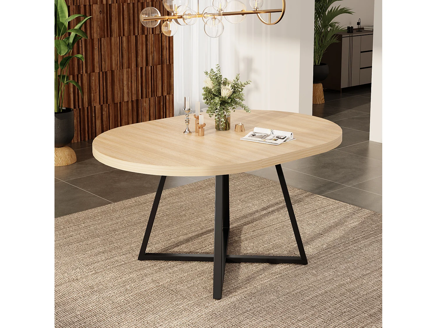 Mesa de jantar redonda extensível 100/140x100 cm - Para 4 a 6 pessoas - Cantos arredondados - Tampo espesso - Folheado de carvalho - Cor carvalho