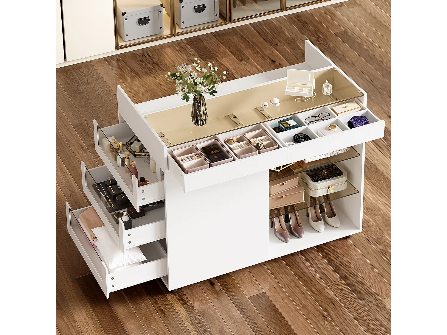 Kommode 110 × 60 × 79 cm - multifunktionel opbevaringsmøbel - med 5 skuffer og hylder - med hjul - hvid