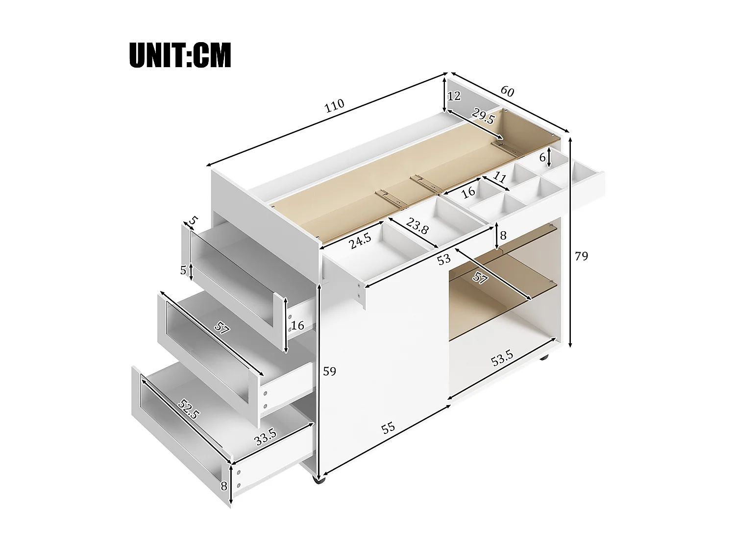 Kommode 110 × 60 × 79 cm - multifunktionel opbevaringsmøbel - med 5 skuffer og hylder - med hjul - hvid