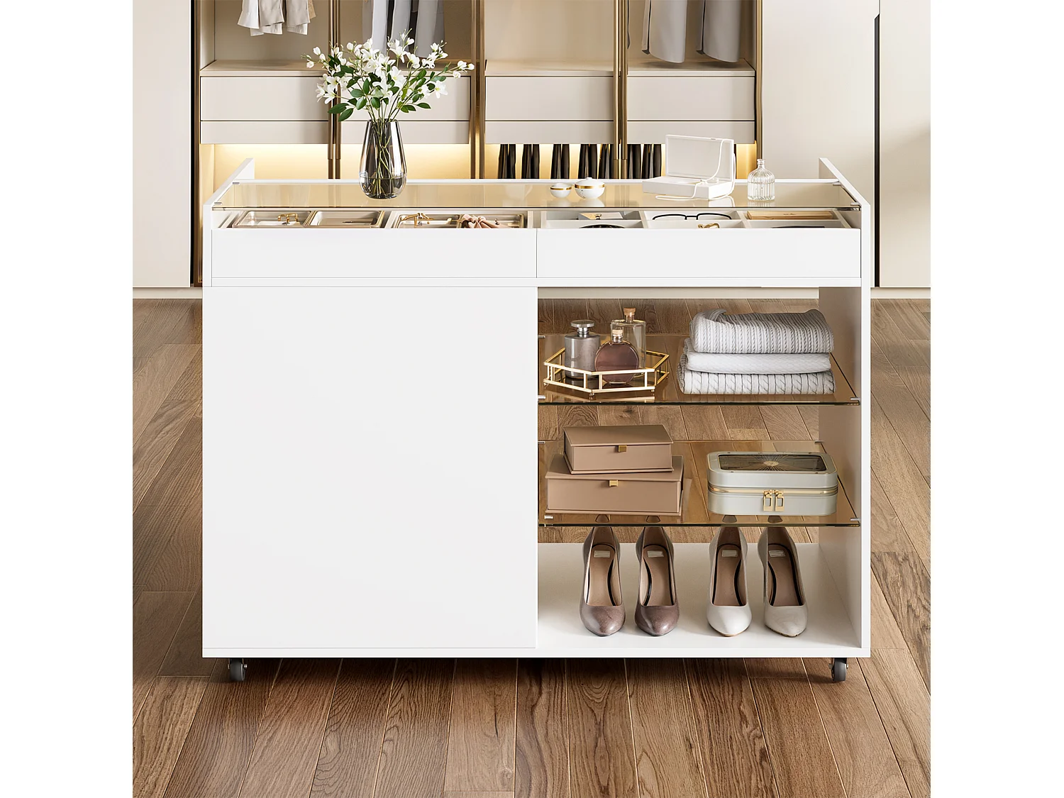 Kommode 110 × 60 × 79 cm - multifunktionel opbevaringsmøbel - med 5 skuffer og hylder - med hjul - hvid