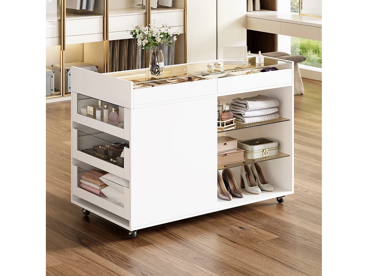Kommode 110 × 60 × 79 cm - multifunktionel opbevaringsmøbel - med 5 skuffer og hylder - med hjul - hvid