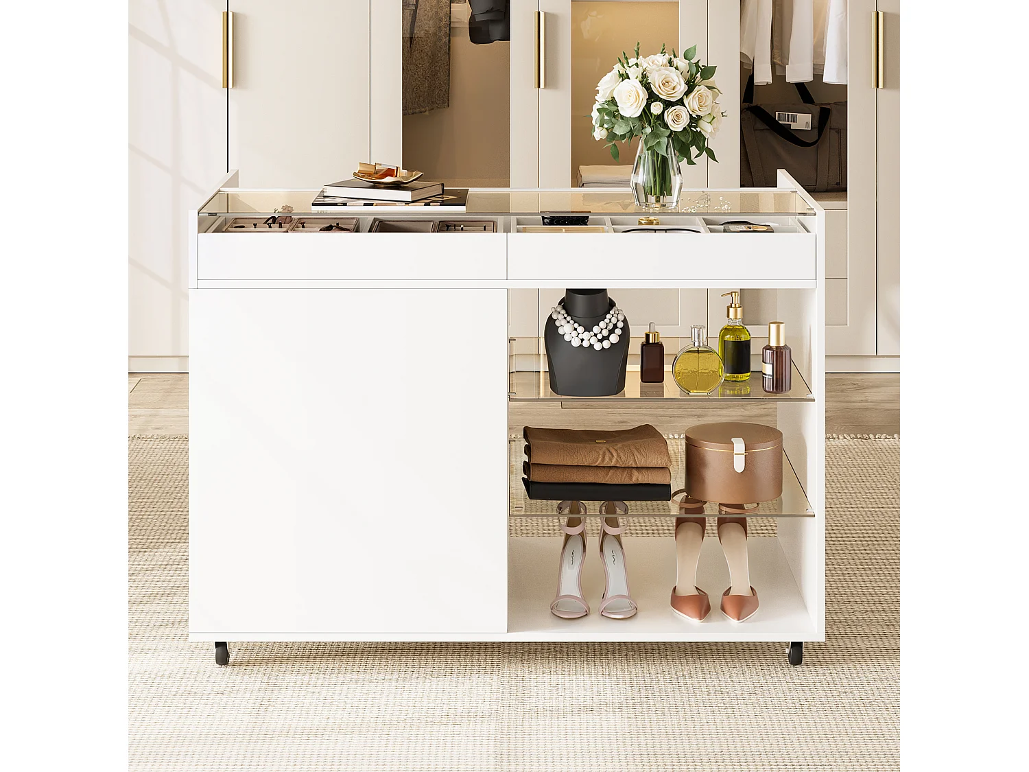 Kommode 110 × 60 × 79 cm - multifunktionel opbevaringsmøbel - med 5 skuffer og hylder - med hjul - hvid