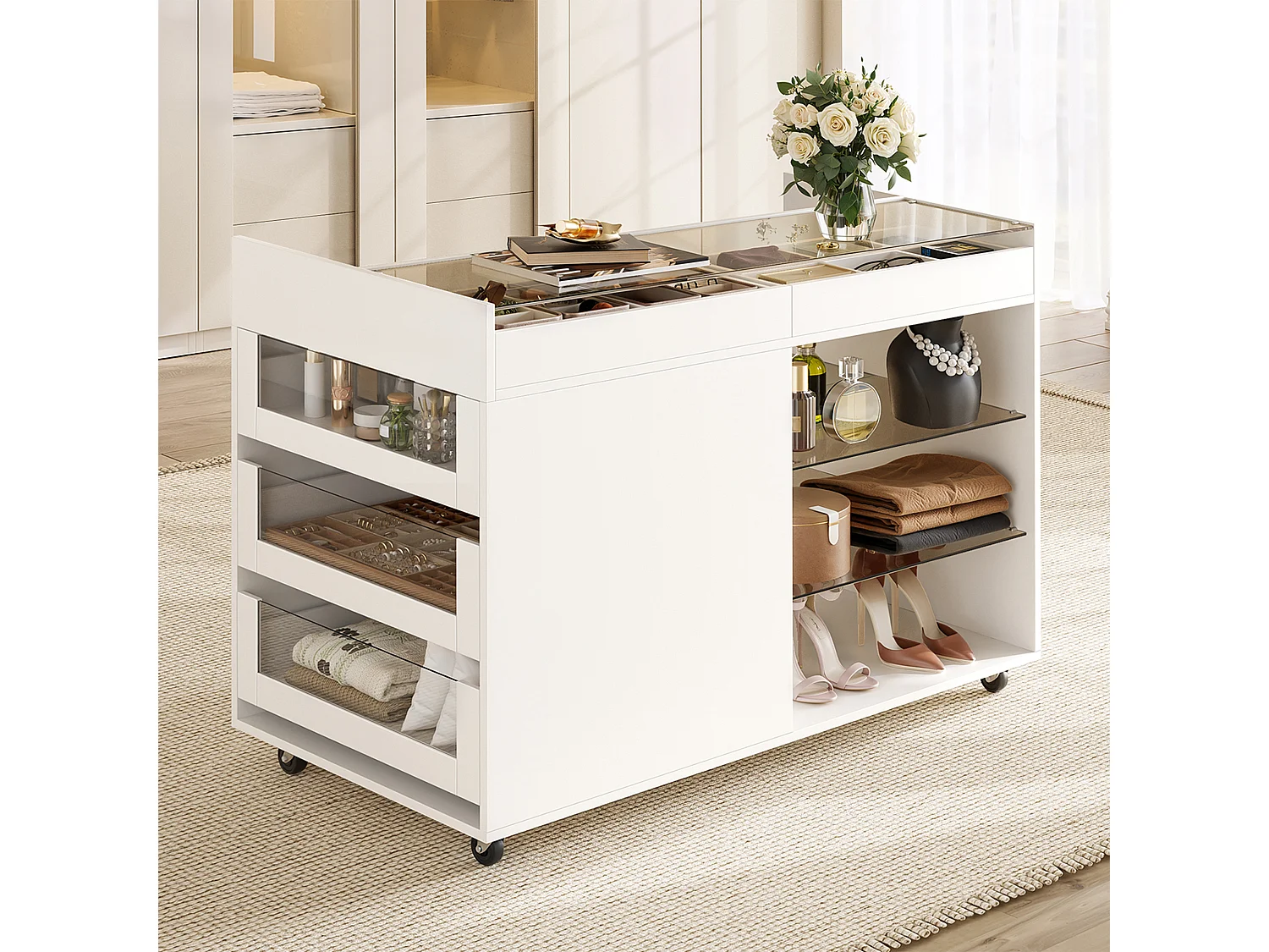 Kommode 110 × 60 × 79 cm - multifunktionel opbevaringsmøbel - med 5 skuffer og hylder - med hjul - hvid