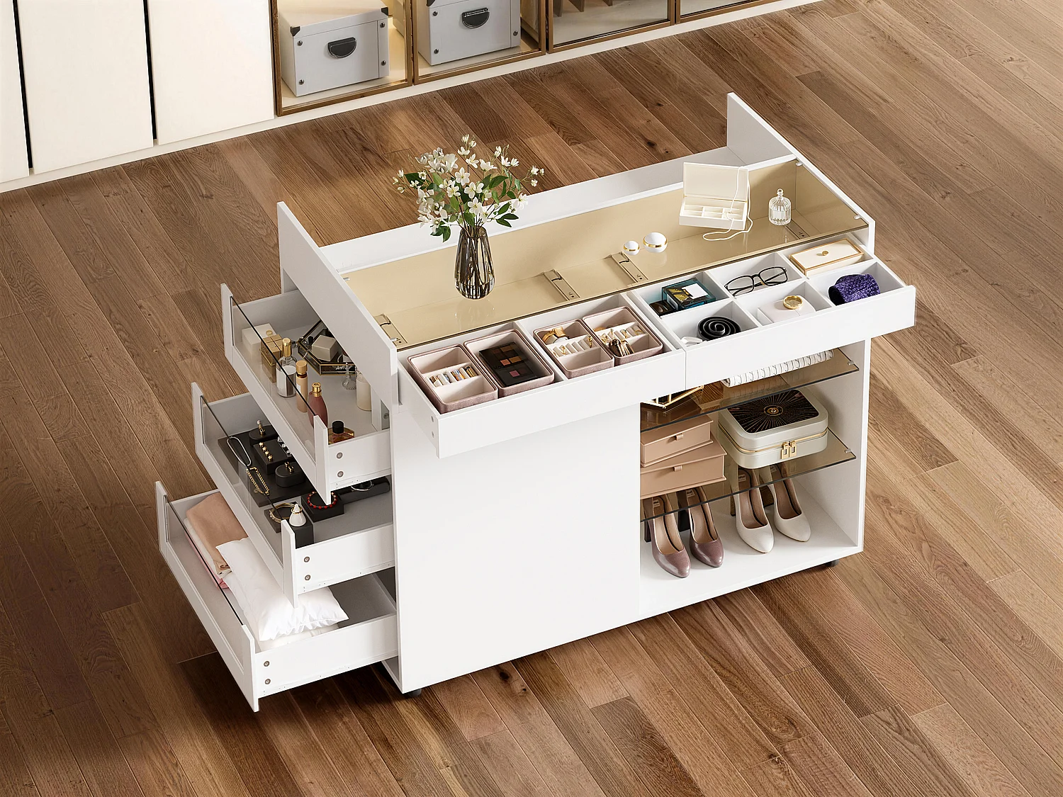 Kommode 110 × 60 × 79 cm - multifunktionel opbevaringsmøbel - med 5 skuffer og hylder - med hjul - hvid