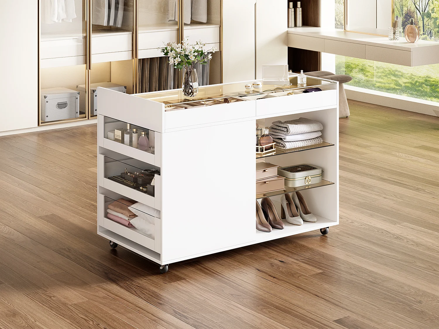Kommode 110 × 60 × 79 cm - multifunktionel opbevaringsmøbel - med 5 skuffer og hylder - med hjul - hvid