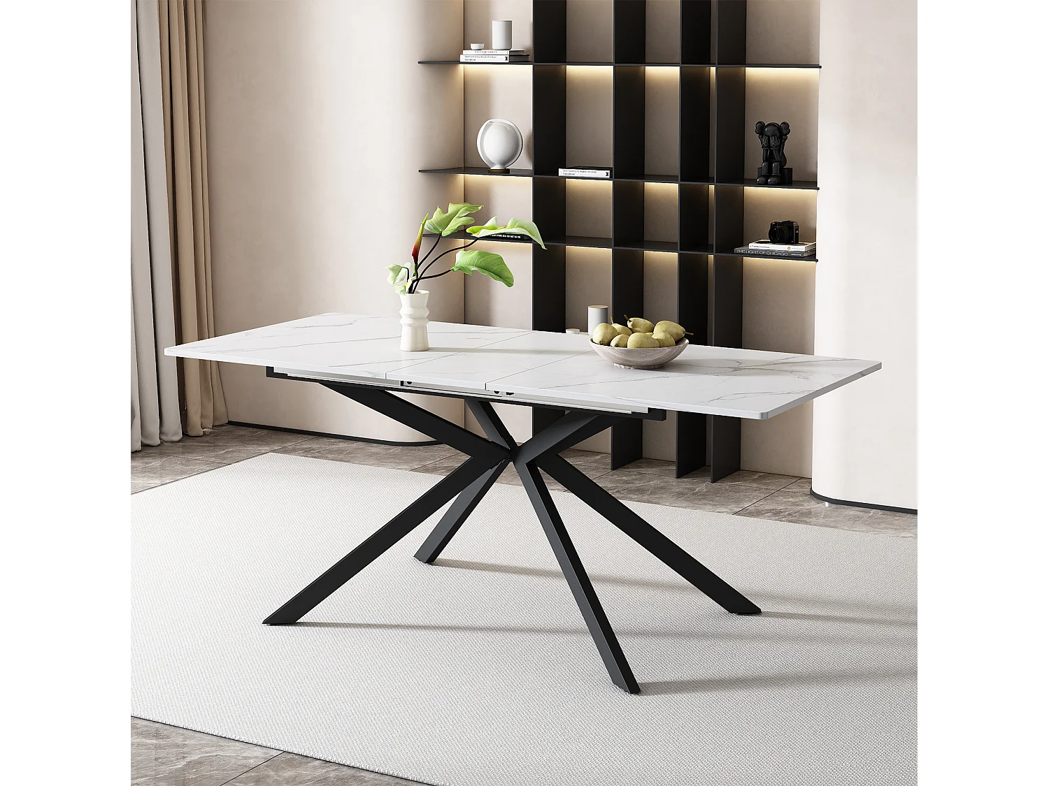 Extendable dining table - wrought iron crossed legs - marble pattern top - White & Black
