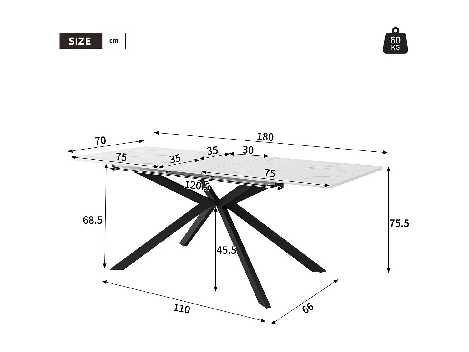 Extendable dining table - wrought iron crossed legs - marble pattern top - White & Black