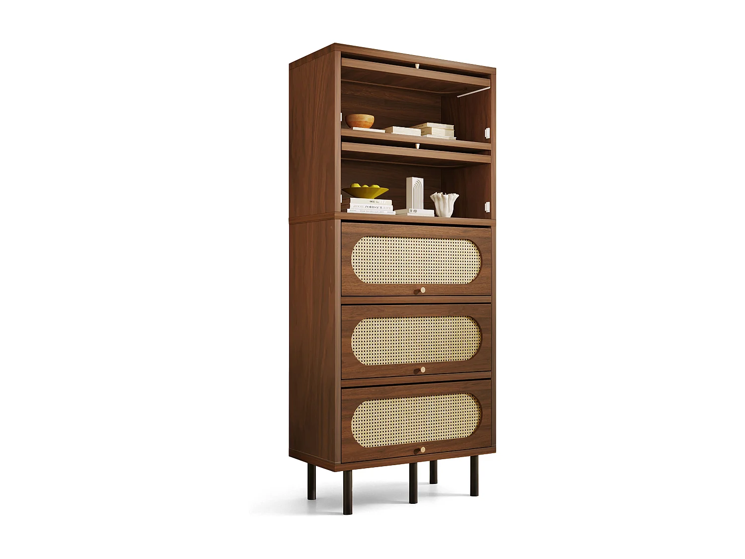 Commode en rotin  80 x 40 x 163 cm - avec 5 portes - pieds en métal - coloris noyer