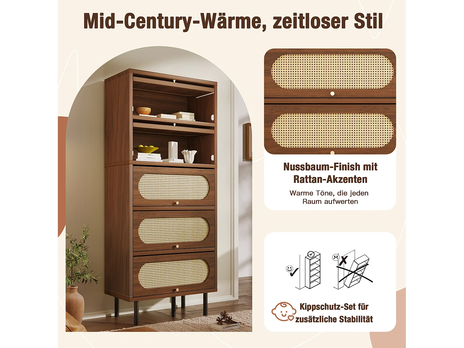 Commode en rotin  80 x 40 x 163 cm - avec 5 portes - pieds en métal - coloris noyer