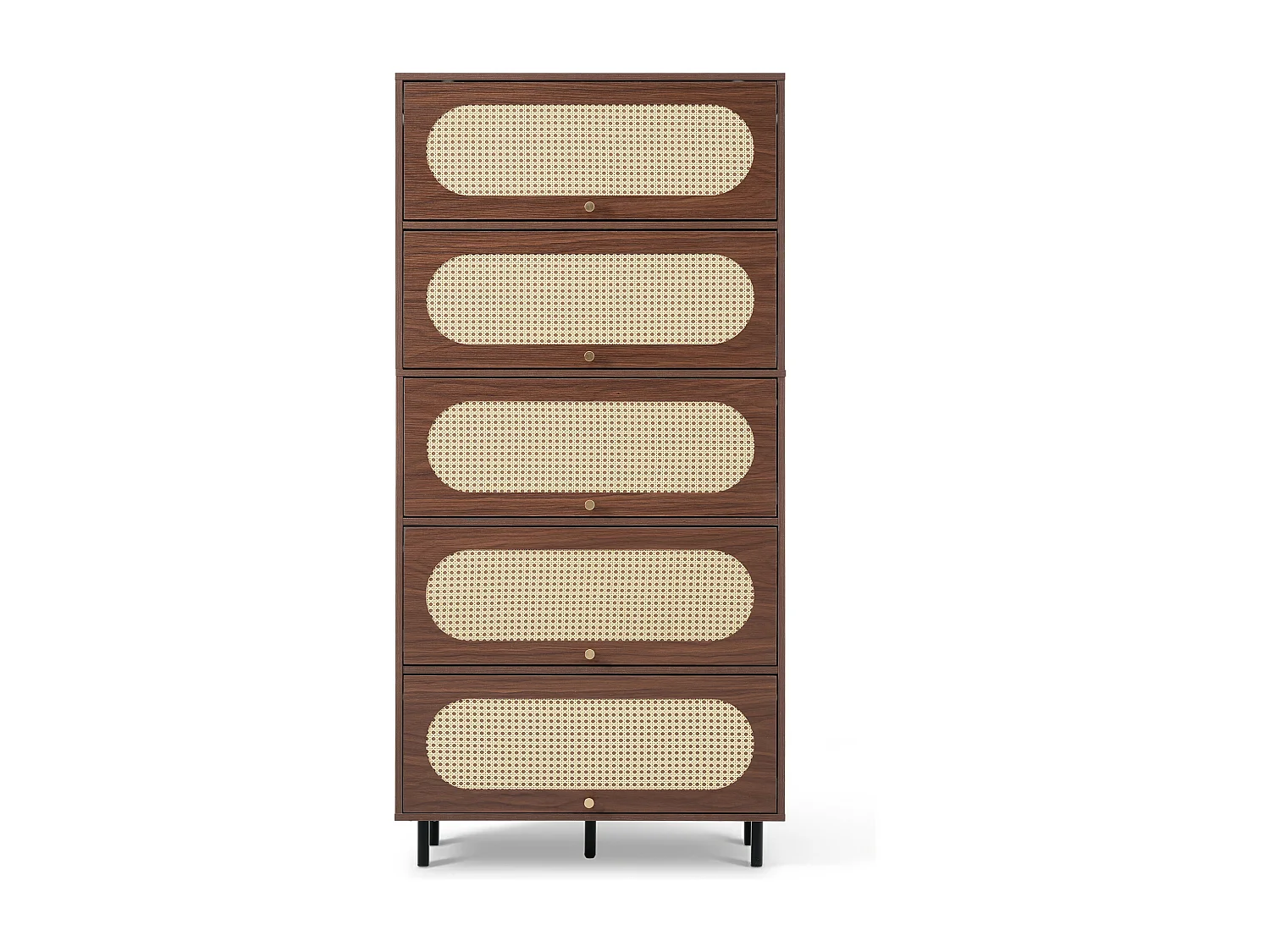 Commode en rotin  80 x 40 x 163 cm - avec 5 portes - pieds en métal - coloris noyer