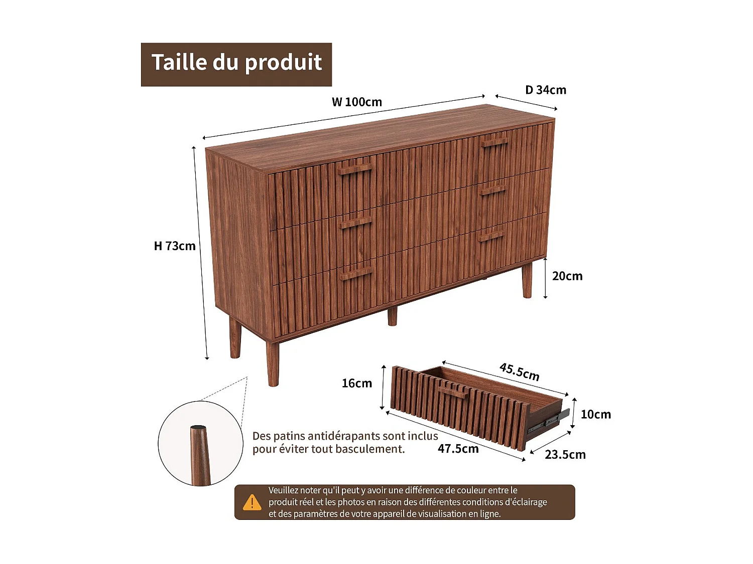Commode 6 tiroirs couleur noyer 100x34x73 cm, meuble de rangement à façades rainurées, grande capacité pour chambre et salon